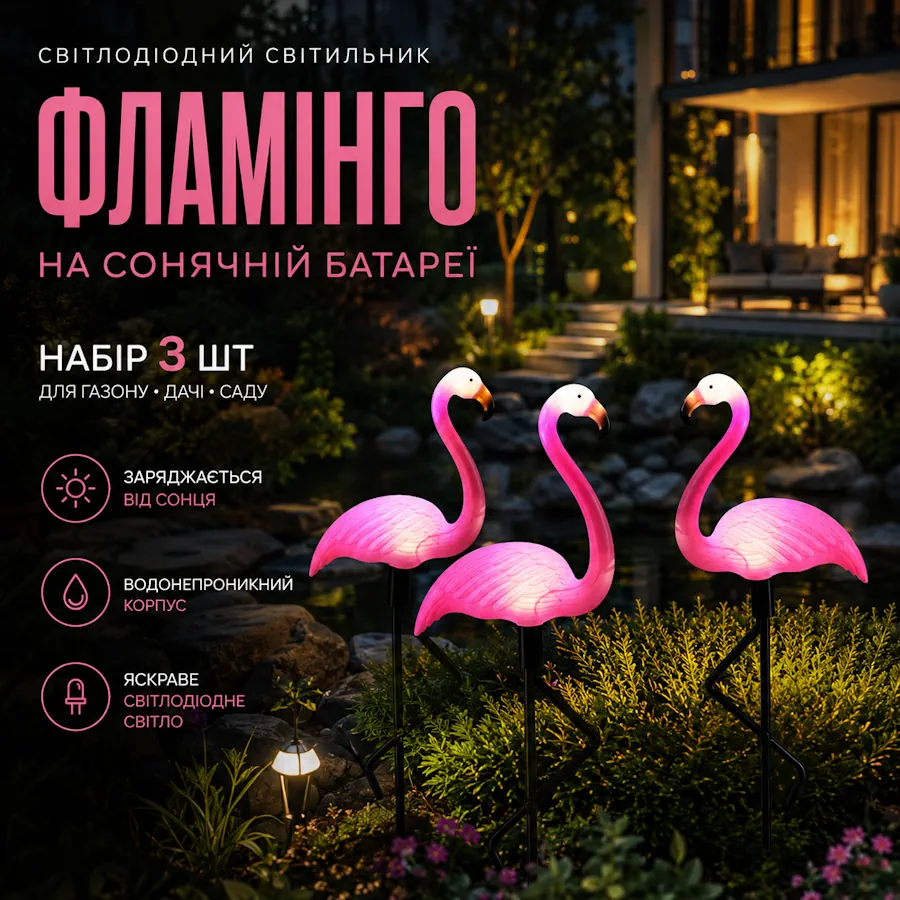 Садовий світлодіодний світильник Фламінго на сонячній батареї комплект 3 шт