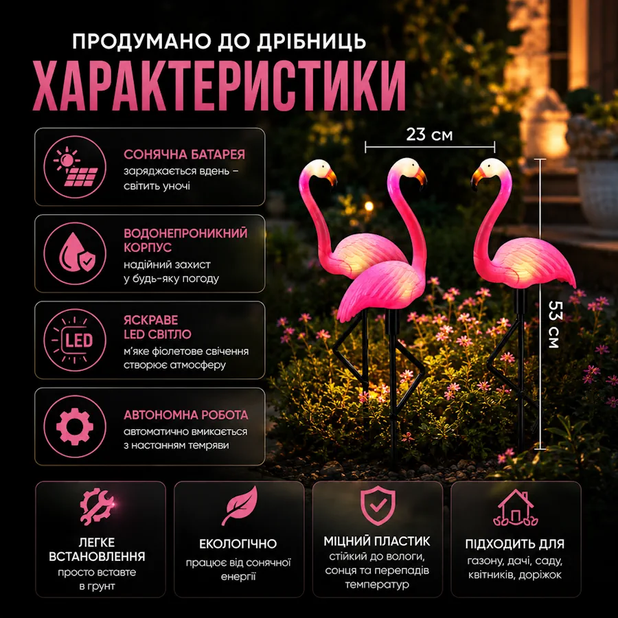 Рожеві фламінго на газоні з фіолетовим світінням